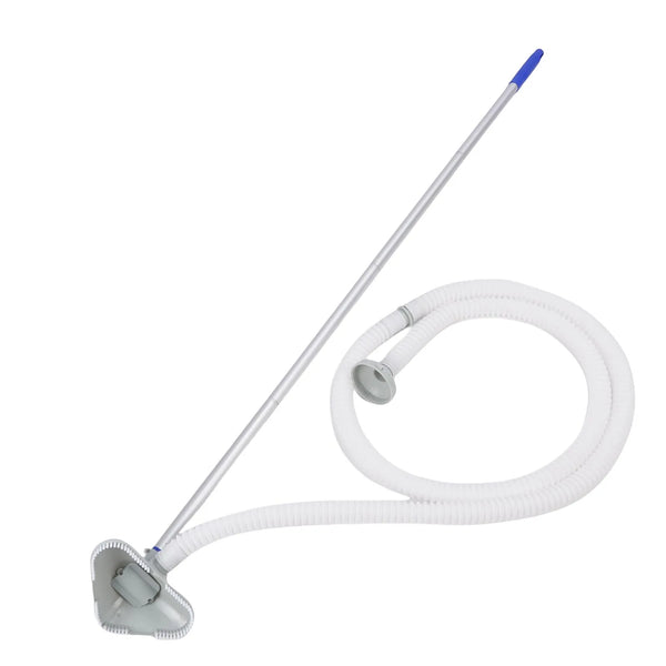 A white handheld pool and spa vacuum cleaner with a long hose and a blue wand.