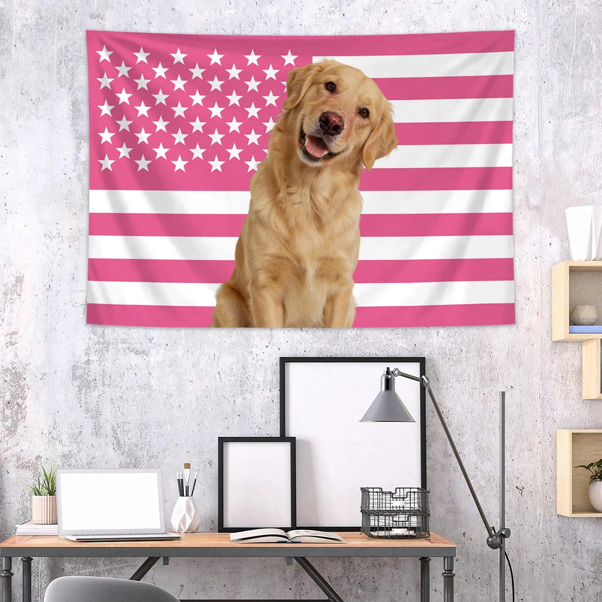Pink-weiß gestreiftes Flaggentapisserie mit einem großen amerikanischen Flaggen-Design mit Sternen.