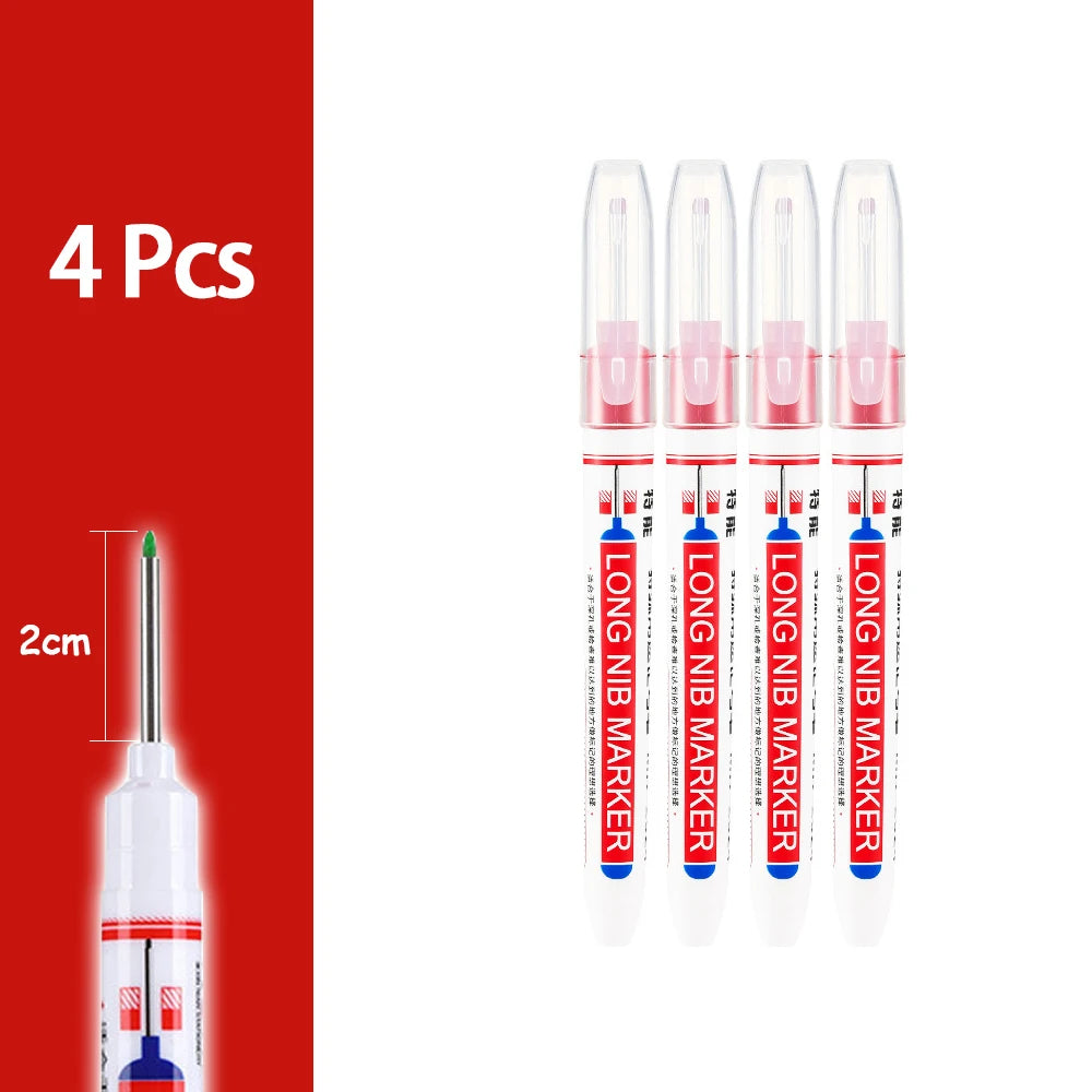 Ein Set von vier langen Nadelstift-Stiften in weißer und roter Verpackung, gezeigt neben einer 2-cm-Skala.