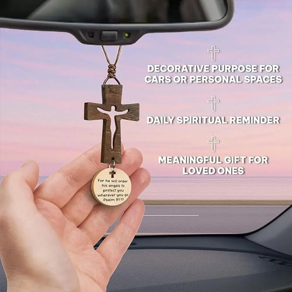 Wood Cross Car Rearview Mirror Pendant with Bible Verse