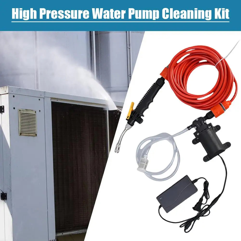 A cleaning kit for a high pressure water pump, showing hoses and nozzles used to clean a surface.
