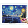 A diamond painting kit depicting a vibrant night sky with stars and a cityscape silhouette.