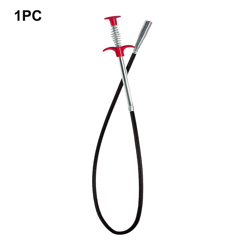 A cleaning tool set consisting of a drain clog remover and hair catcher with a red handle and black cord.
