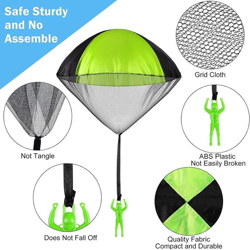 A green and black parachute toy with a grid cloth, tangle-free design, and durable fabric.