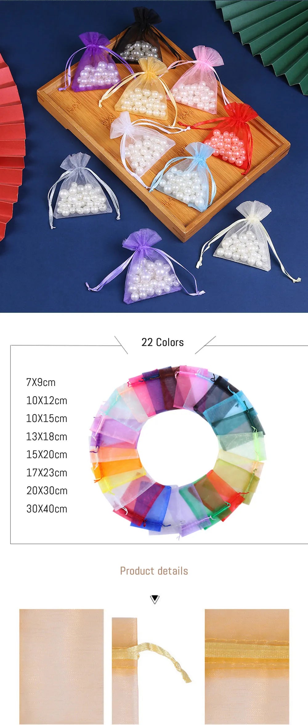 A set of drawstring organza gift bags in various colors and shades arranged on a wooden tray.