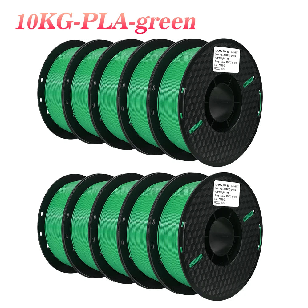 Bundle of ten 1.75mm green PLA filament spools for 3D printing