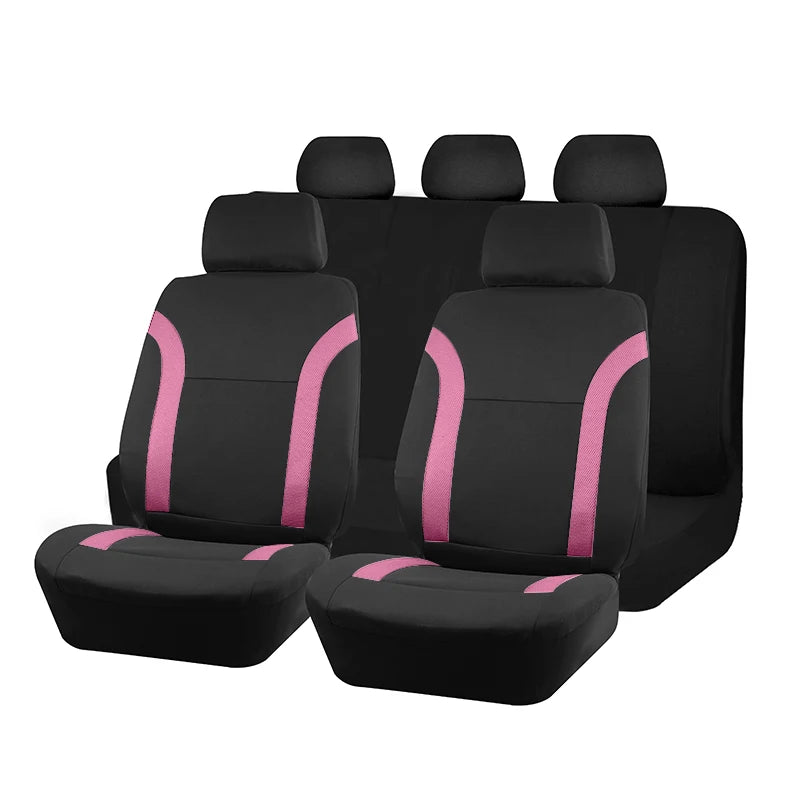 A set of black and pink two-tone car seat covers shown in a row.