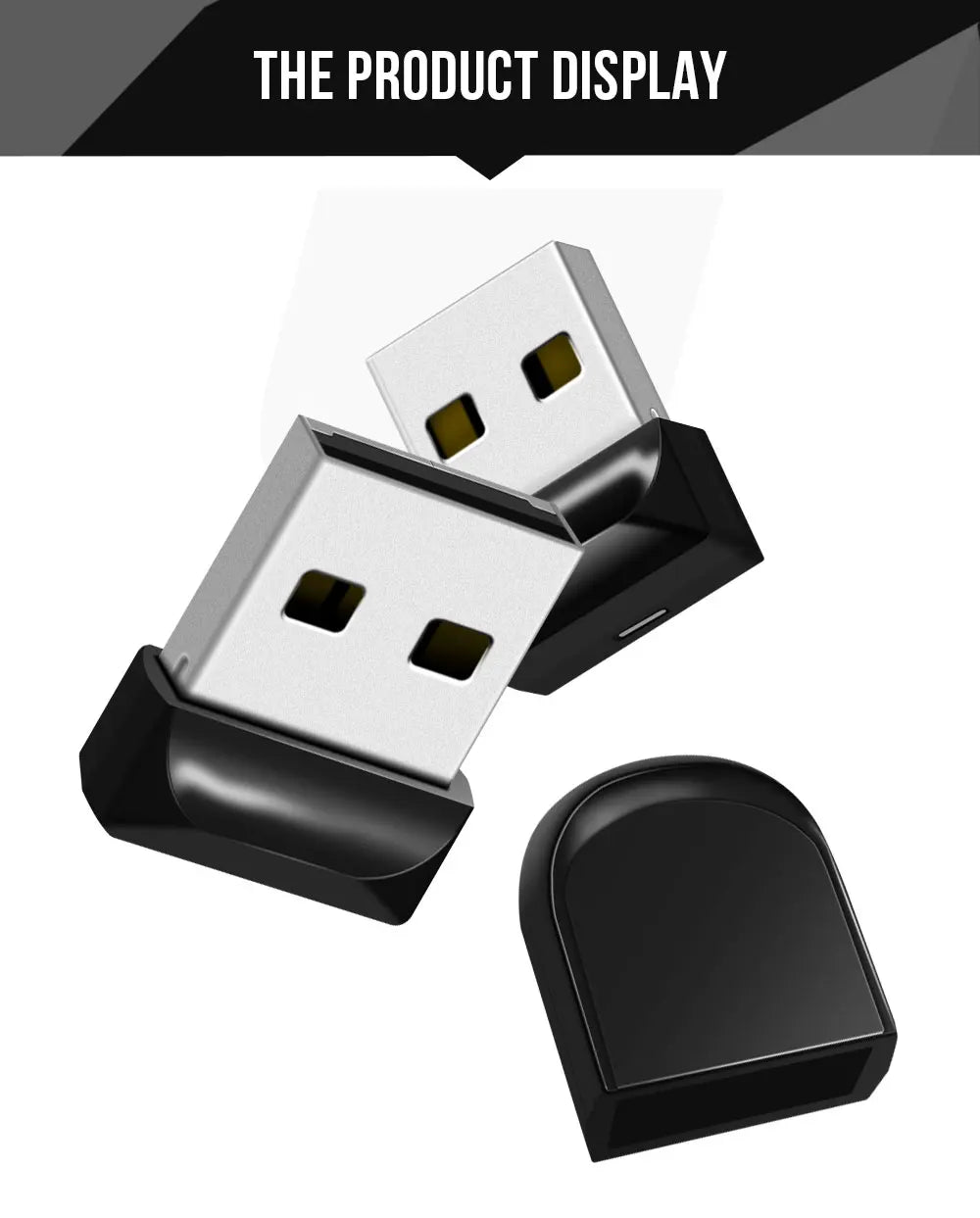 A display showing a compact black USB flash drive and its corresponding adapter.