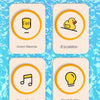Four square cards featuring icons for green material, escalator, fun music, and cool lights on a blue background.