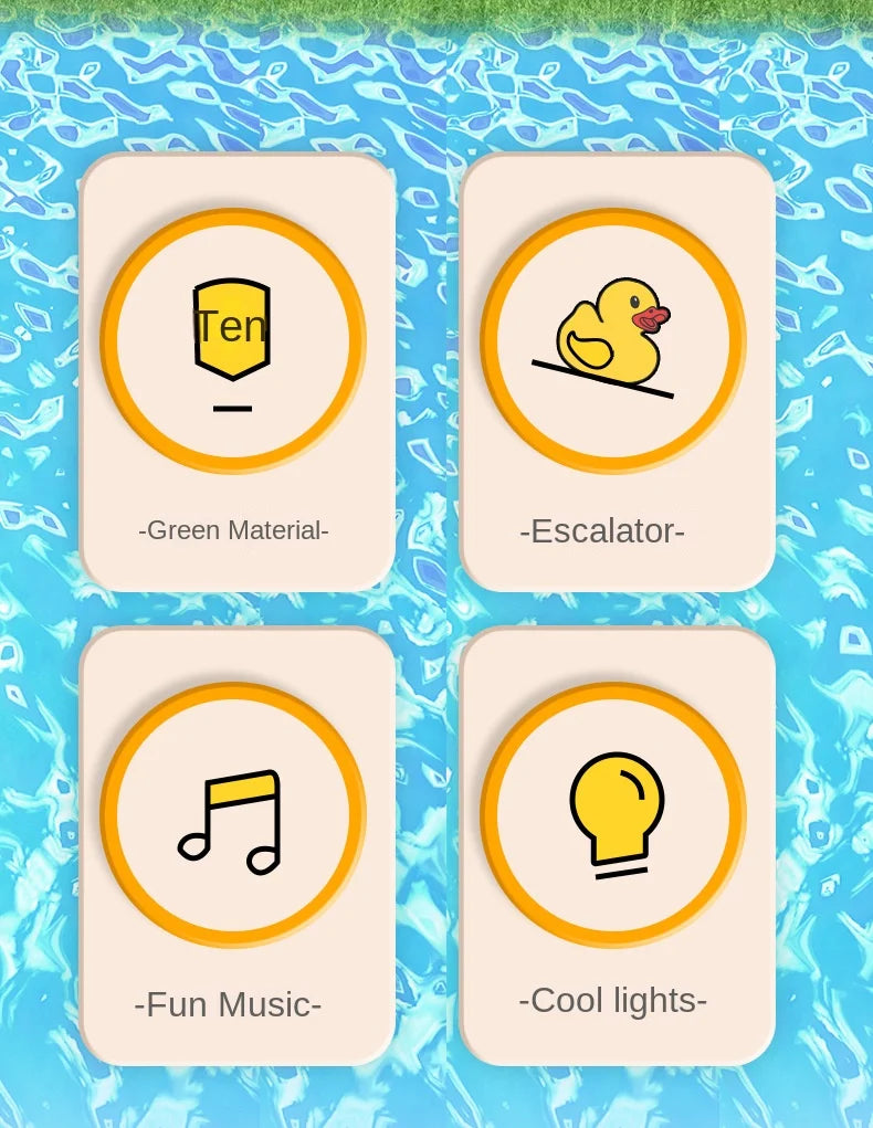 Four square cards featuring icons for green material, escalator, fun music, and cool lights on a blue background.