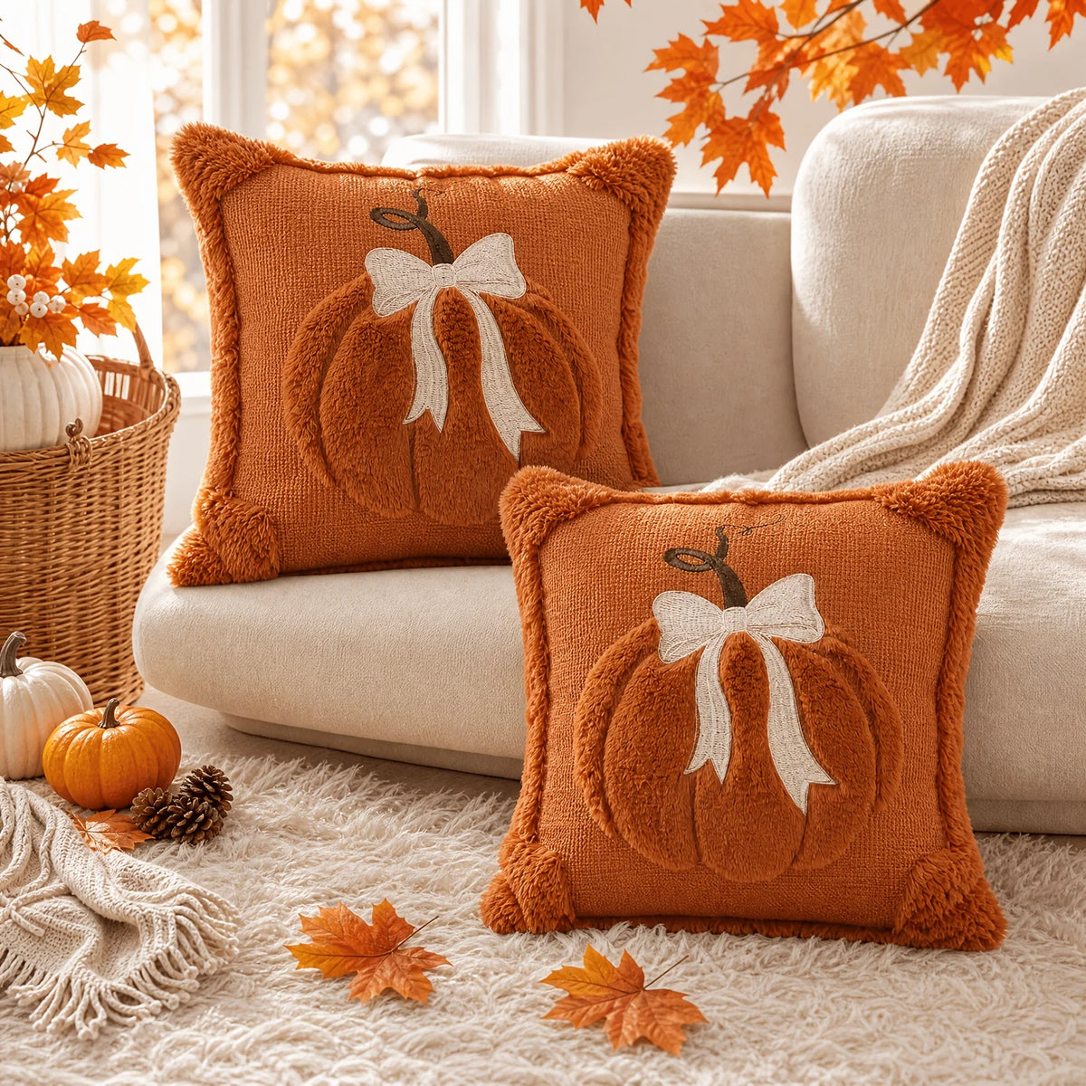 Set of 2 Autumn Pumpkin Throw Pillow Covers with 3D Jacquard Design