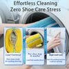 A hand places yellow footwear inside a blue washing bag for effortless cleaning.