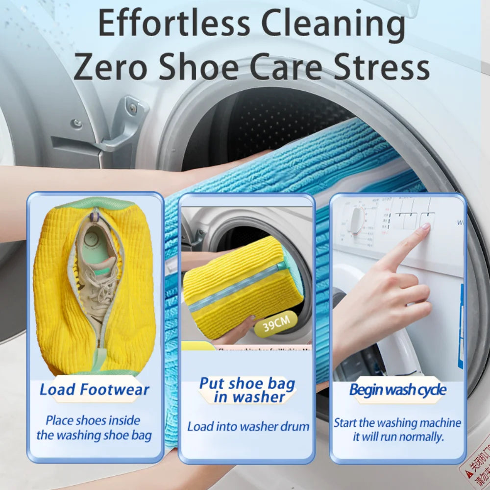 A hand places yellow footwear inside a blue washing bag for effortless cleaning.