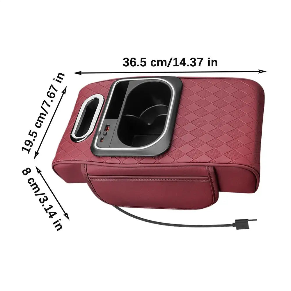 A maroon LED armrest storage box featuring a cup holder and a charging cable.