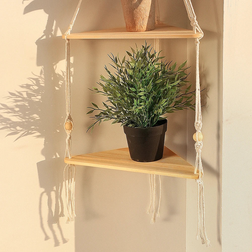 Triangle Wood Floating Wall Shelf with Macrame Rope