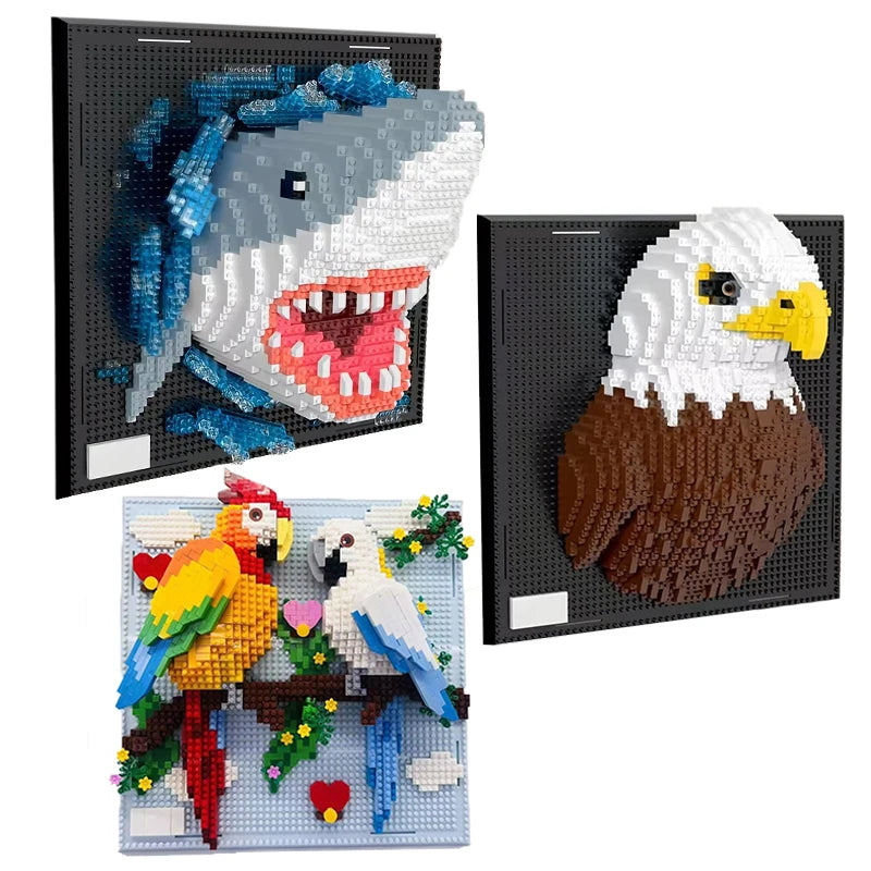 Three framed mosaic wall art kits featuring a shark, an eagle, and a colorful bird.