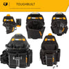 A set of black ToughBuilt tool belts and protective gear displayed against an orange background.
