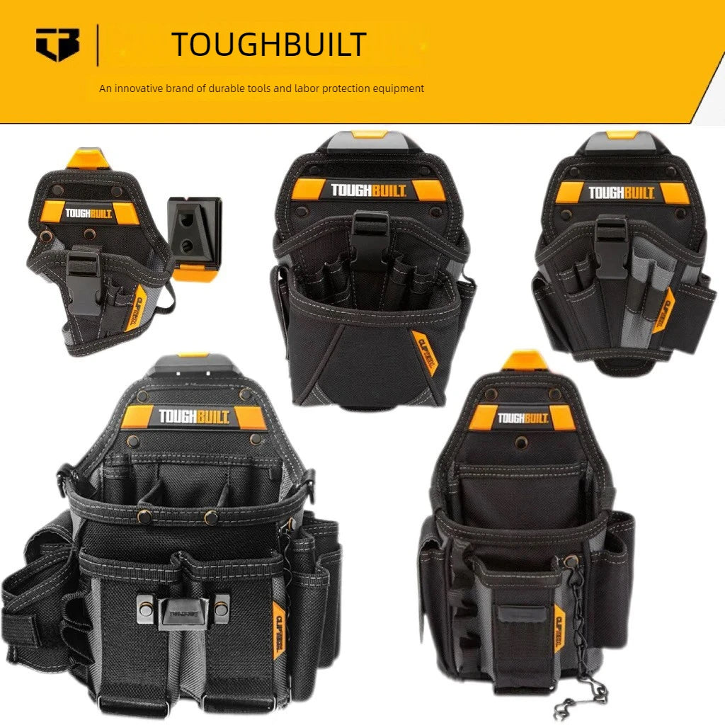 A set of black ToughBuilt tool belts and protective gear displayed against an orange background.