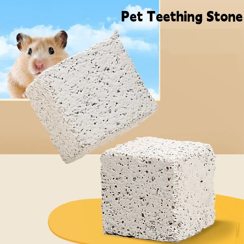A white pet teething stone is shown next to a small brown pet.