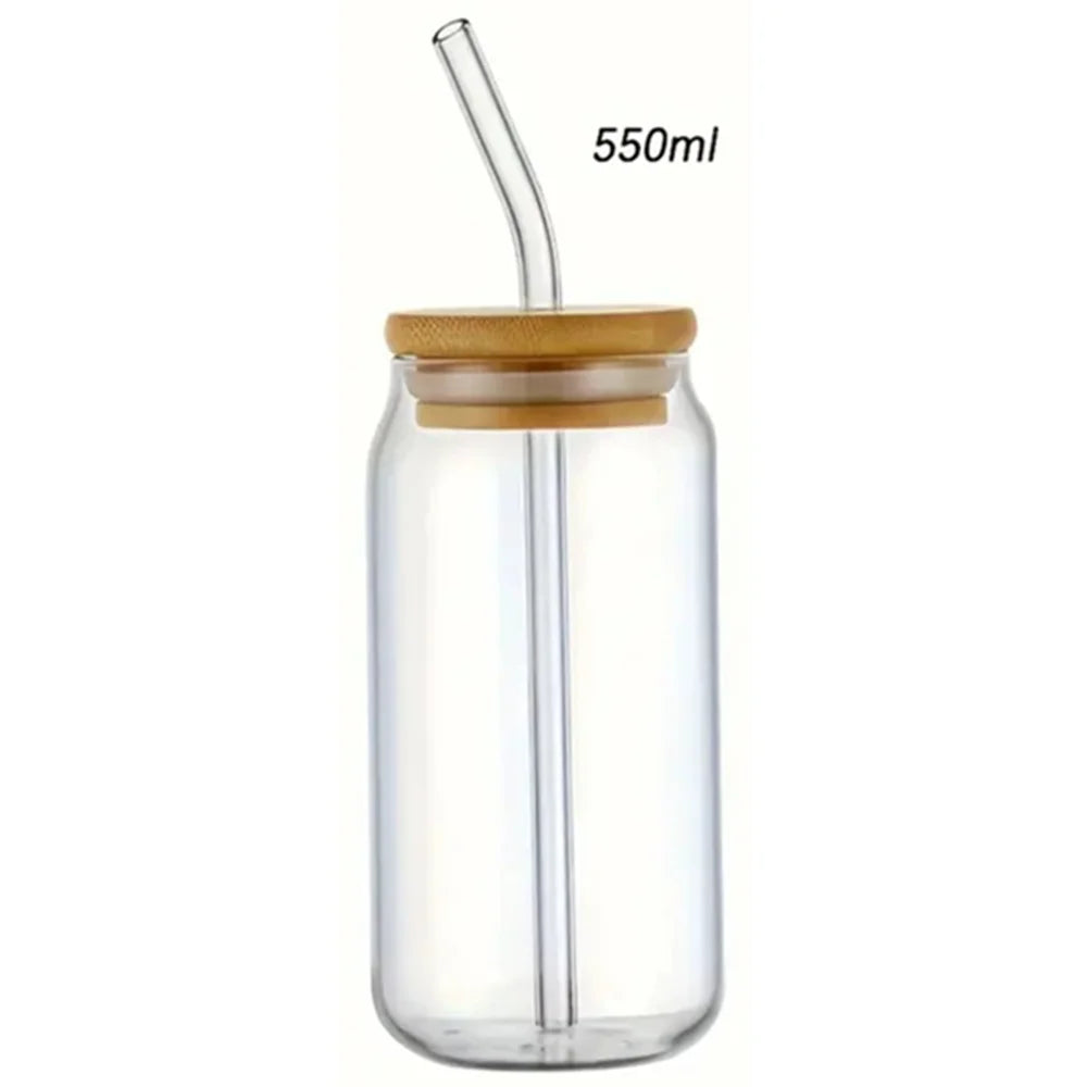 A clear glass tumbler with a bamboo lid and straw, labeled as 550ml.