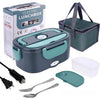 A portable electric lunch box in gray and teal, shown with its packaging, utensils, and charging components.