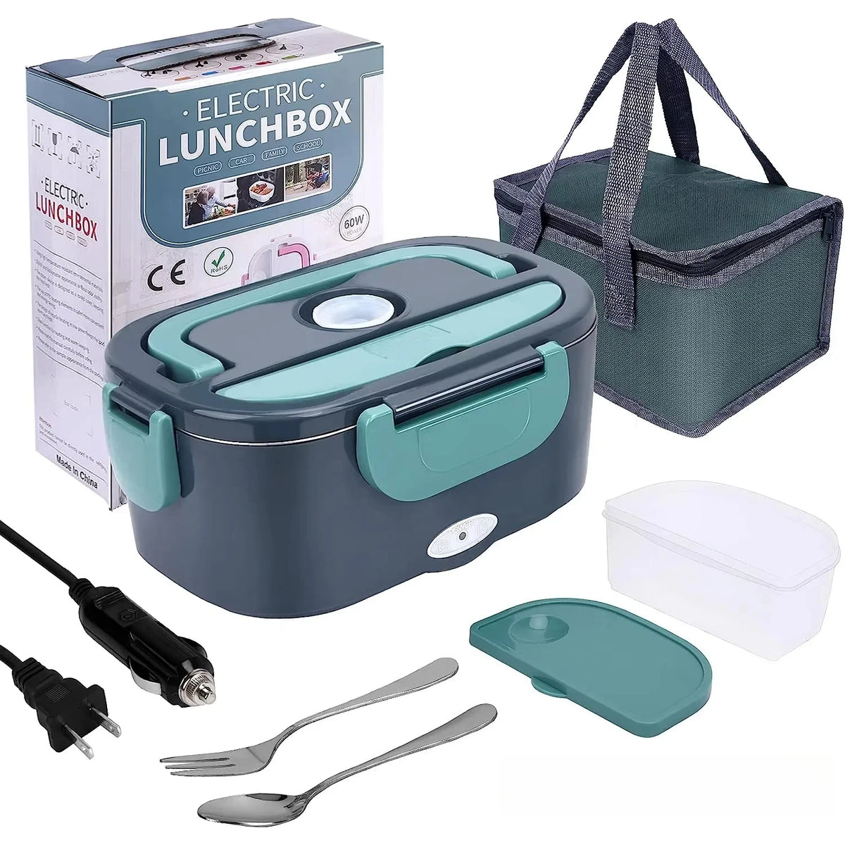 A portable electric lunch box in gray and teal, shown with its packaging, utensils, and charging components.