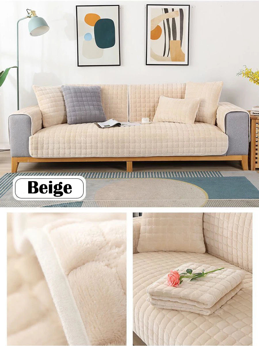 Beige velvet sofa cushion covers displayed on a light wood frame with neutral pillows and a gray fabric.