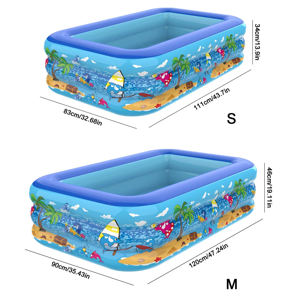 Piscine gonflable bleue pour la famille avec des décors tropicaux et aquatiques.