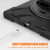 Black plastic dust plugs for data cables shown next to a protective case.