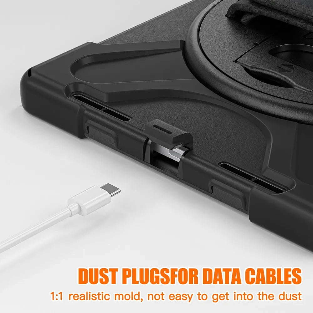 Black plastic dust plugs for data cables shown next to a protective case.
