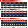 Three sets of socket organizer rails for 1/4 inch, 3/8 inch, and 1/2 inch drives, featuring black and colored clips.