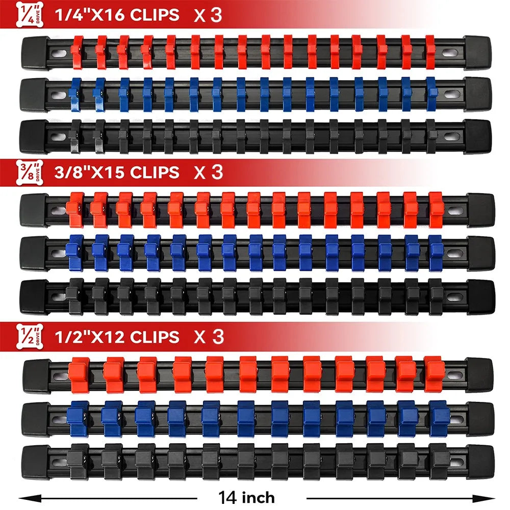 Three sets of socket organizer rails for 1/4 inch, 3/8 inch, and 1/2 inch drives, featuring black and colored clips.