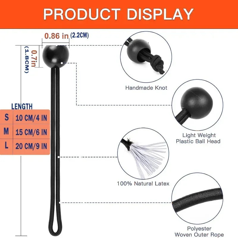 Product display showing lengths of bungee cords, including a 10-inch cord and various components like knots and rope.