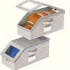 A silver speckled foldable fabric storage box with a lid displaying various hats and accessories.