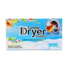 Box of purple and yellow scented dryer sheets with a clear window showing the sheets inside