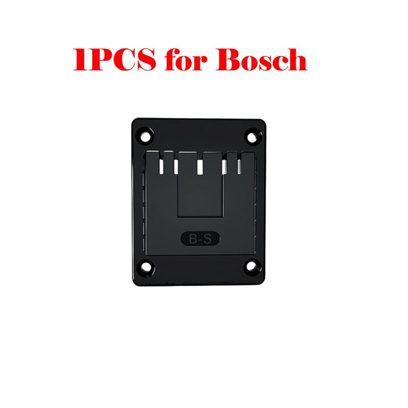 Black wall-mount battery holder for Bosch 18V power tools