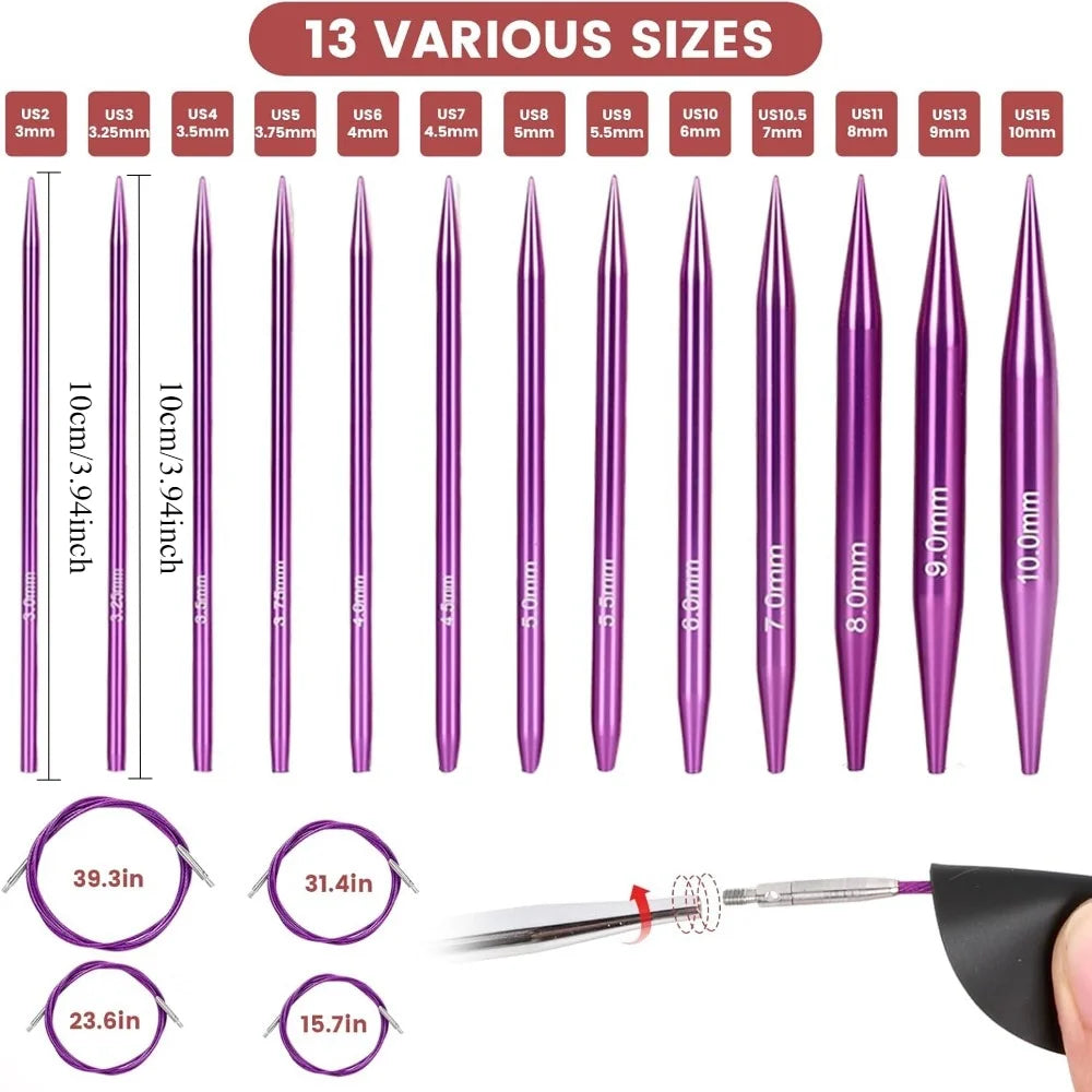 A set of 13 various sizes of purple circular knitting needles shown with a pair in the foreground.