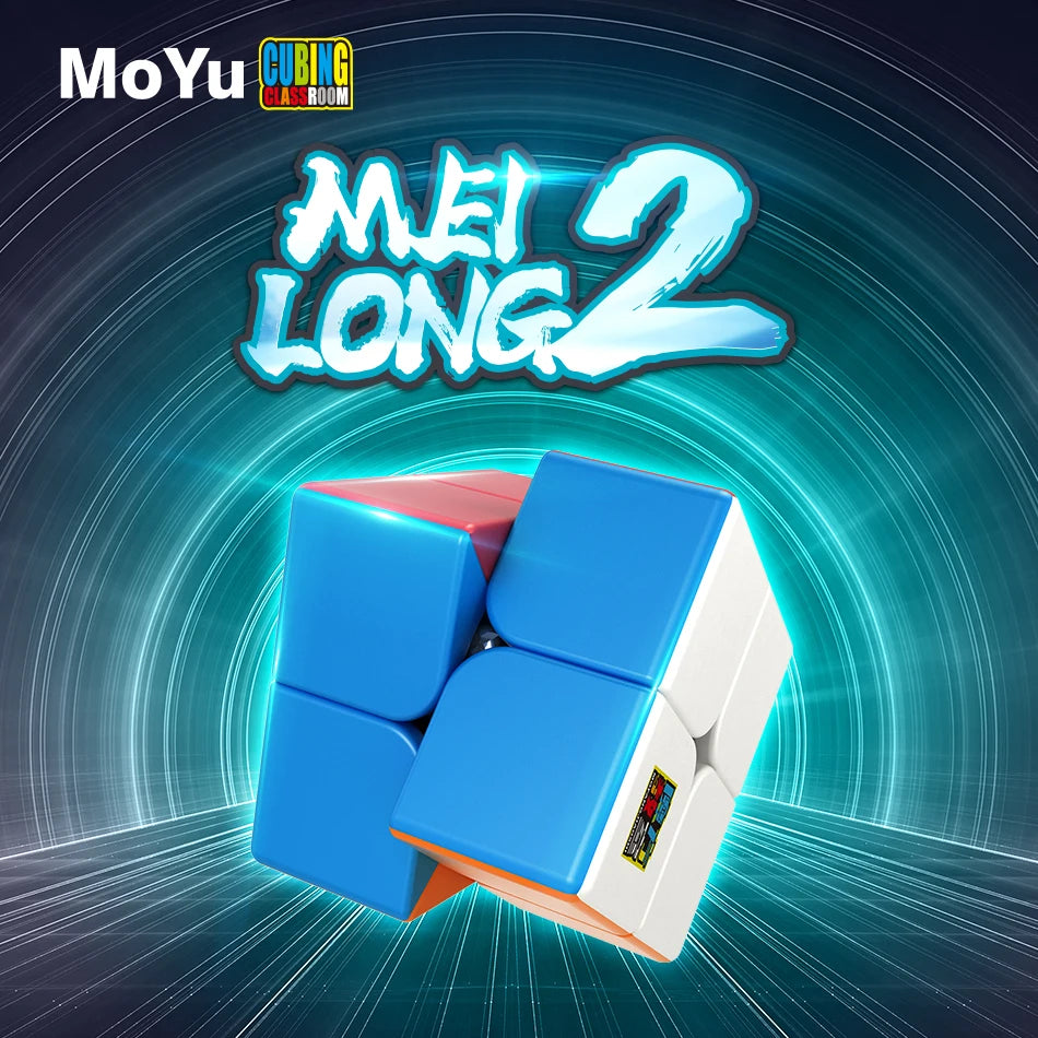 A blue and white MoYu MeiLong 2x2 speed cube is shown in a close-up view against a glowing blue background.