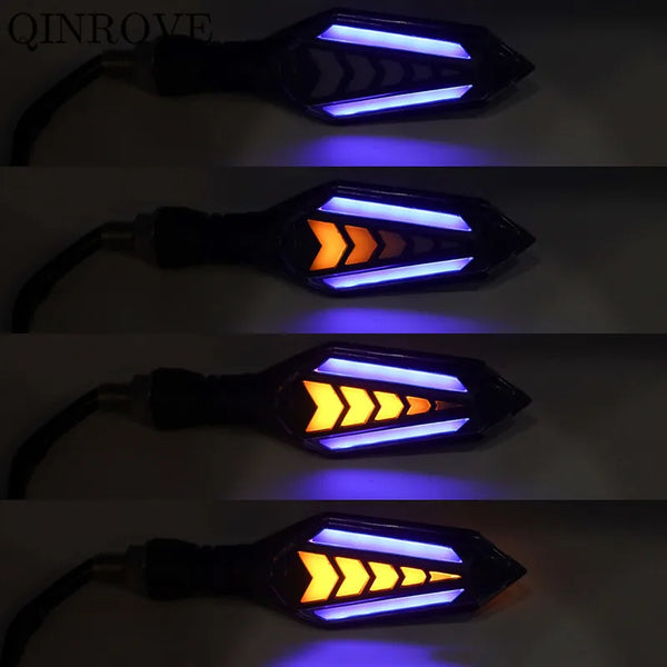 A close-up view of a universal 12V motorcycle LED flowing turn signal indicator with blue and orange light patterns.