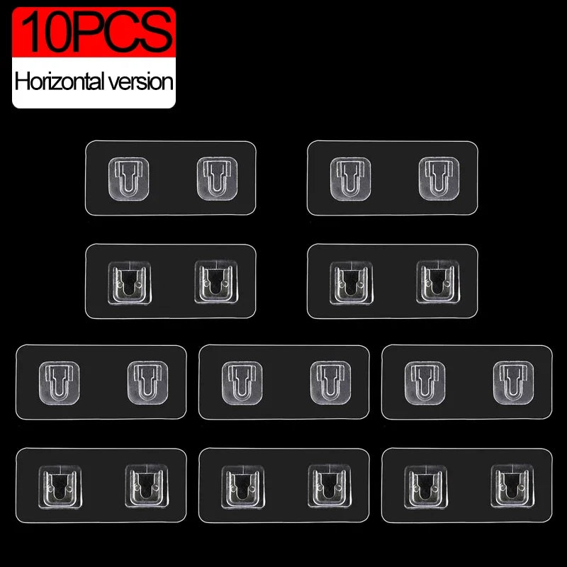 Ten pieces of transparent adhesive wall hooks in a horizontal version for non-drill space saving.
