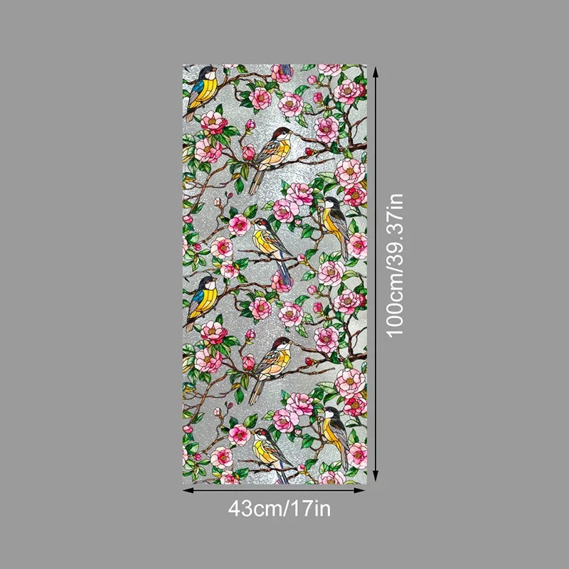 Floral stained glass window film featuring colorful birds and pink flowers on a gray background