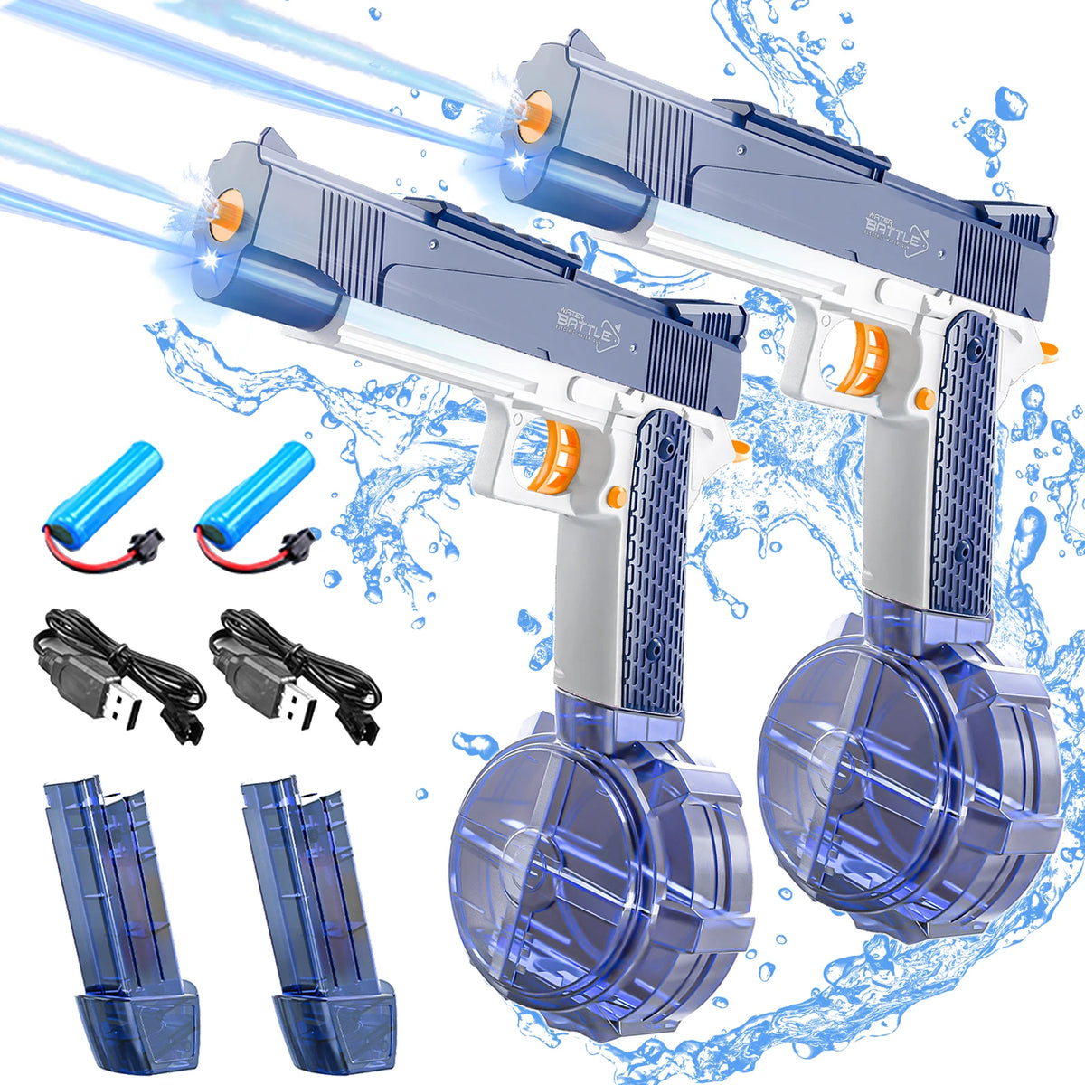 A rechargeable electric water gun with a blue and silver design, showing the main body, accessories, and water stream effect.