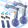A rechargeable electric water gun with a blue and silver design, showing the main body, accessories, and water stream effect.
