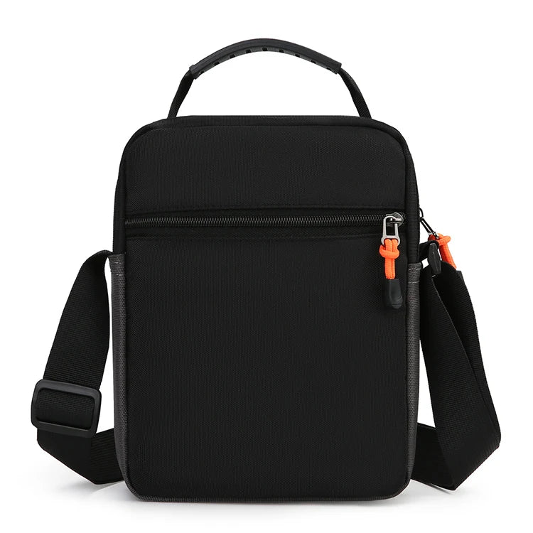 Black versatile casual crossbody bag with adjustable strap and orange hardware