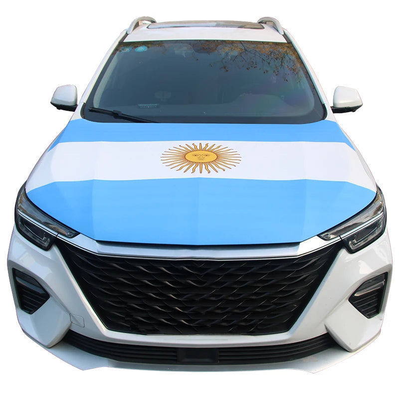 White car hood covered with the flag of Panama, featuring blue and white stripes and a golden sun emblem.