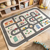 A soft crystal velvet rug featuring a cartoon car traffic play mat for kids in a nursery or playroom.