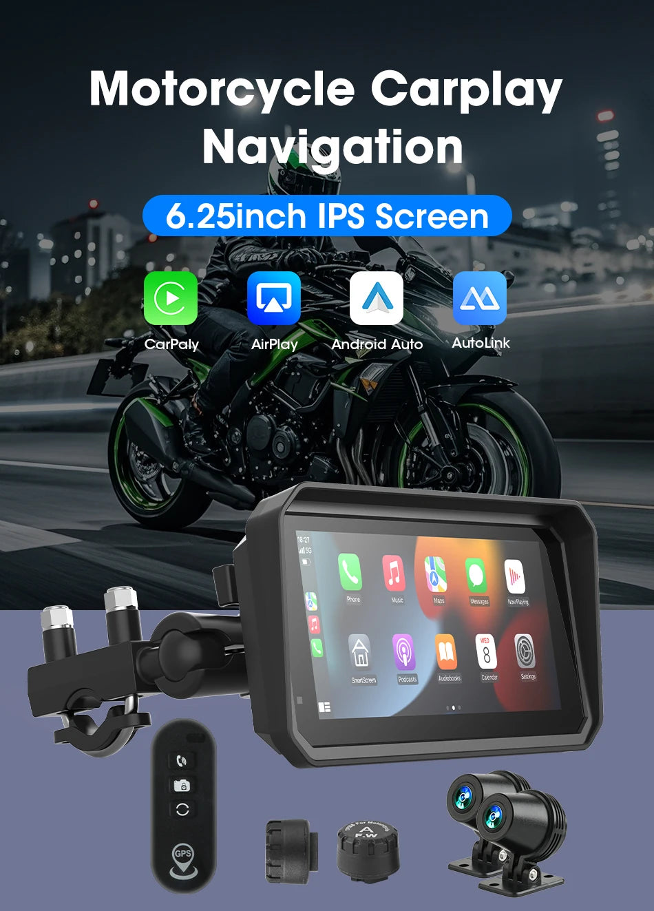 5/6.25 Inch Waterproof Motorcycle GPS with CarPlay and Android Auto