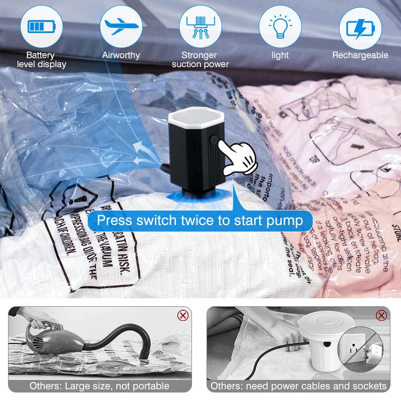 A black electric pump device is shown being used to inflate a clear vacuum storage bag, with features like battery display an