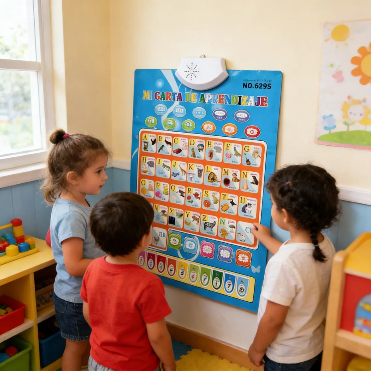 A group of toddlers interacting with a blue learning poster featuring letters and words in Spanish and English.