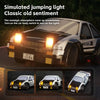 A simulated jumping light effect on a black 1/64 scale RC drift car in a dark setting.